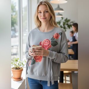 Disney MINKPINK Rose Graphic Crew Sweatshirt Gray Long Sleeve Tie Sleeve Sz L